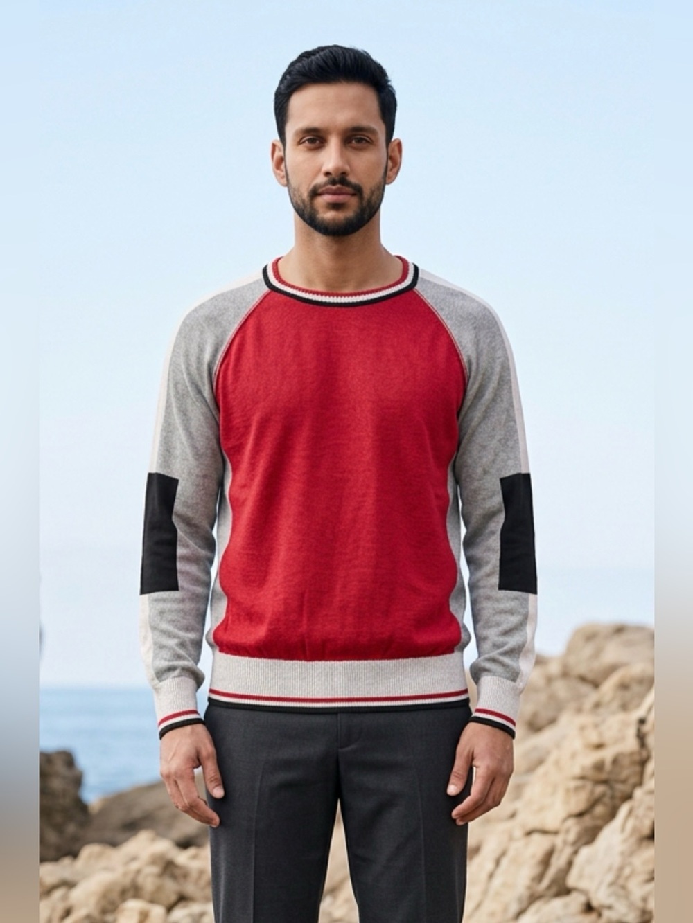 Cutter & Buck Red and Gray Raglan Crewneck Sweater with Black Elbow Patches B2